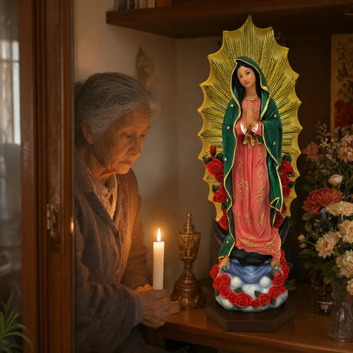 Grandmother lighting a candle beside a Virgen de Guadalupe statue on a home altar