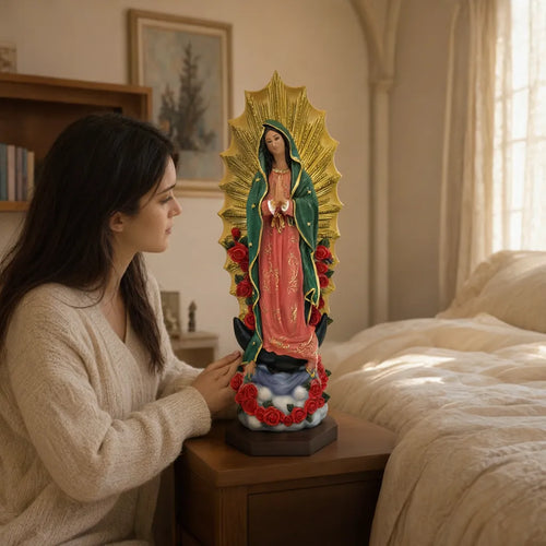 Young woman looking at a Virgen de Guadalupe statue on her bedroom nightstand
