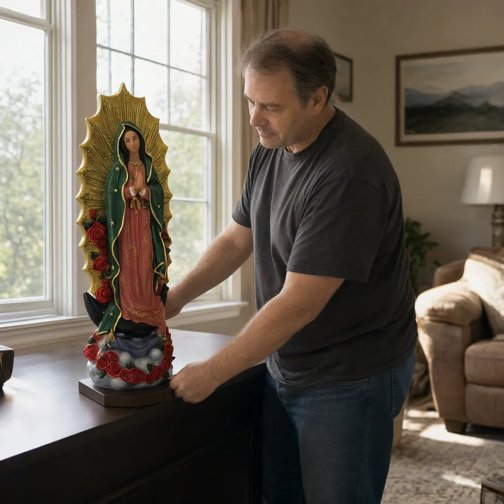 Man placing an Our Lady of Guadalupe statue on a living room console table