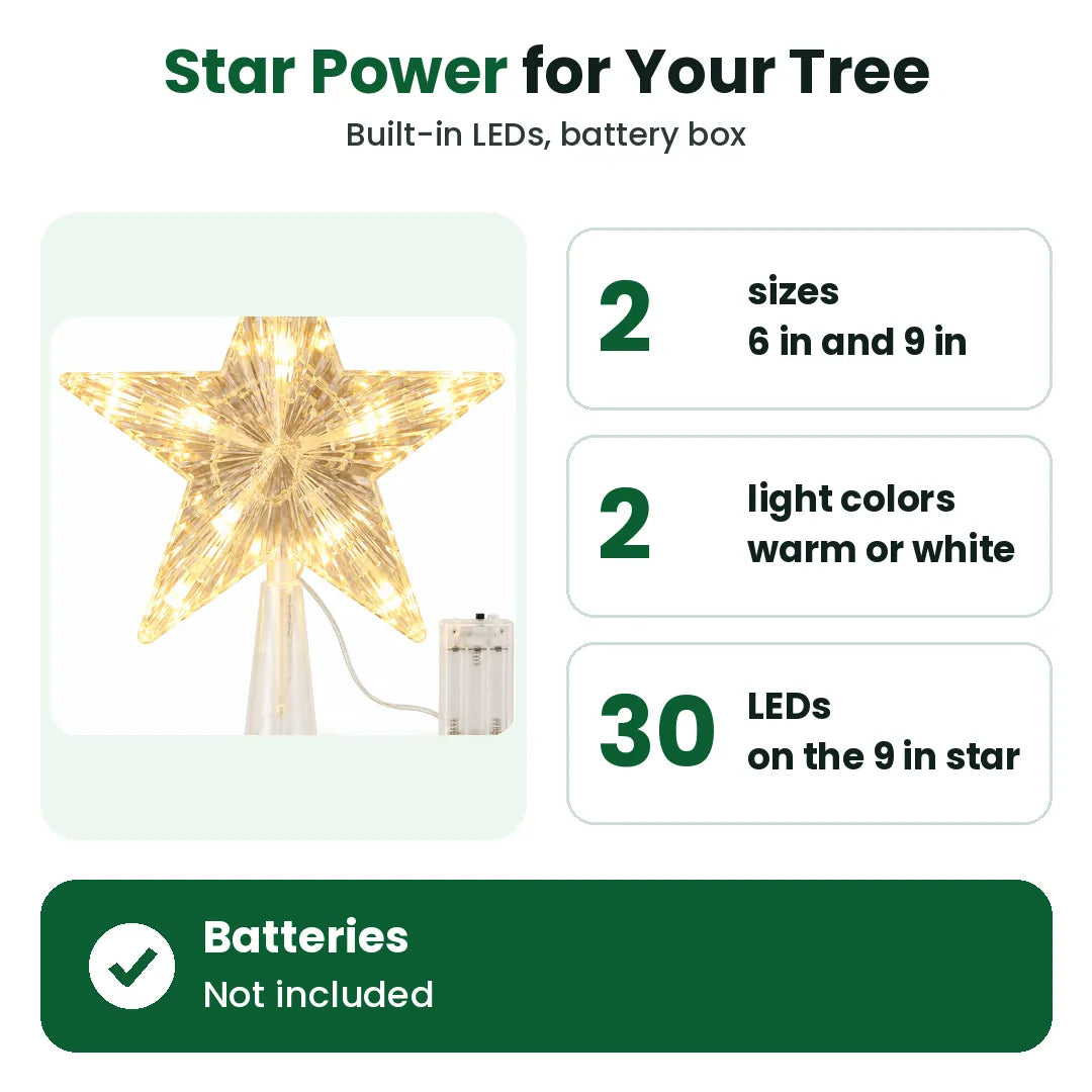 Lighted star Christmas tree topper in two sizes and two light colors