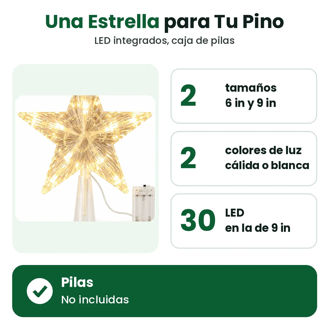 Estrella luminosa para árbol de Navidad en dos tamaños y dos colores de luz