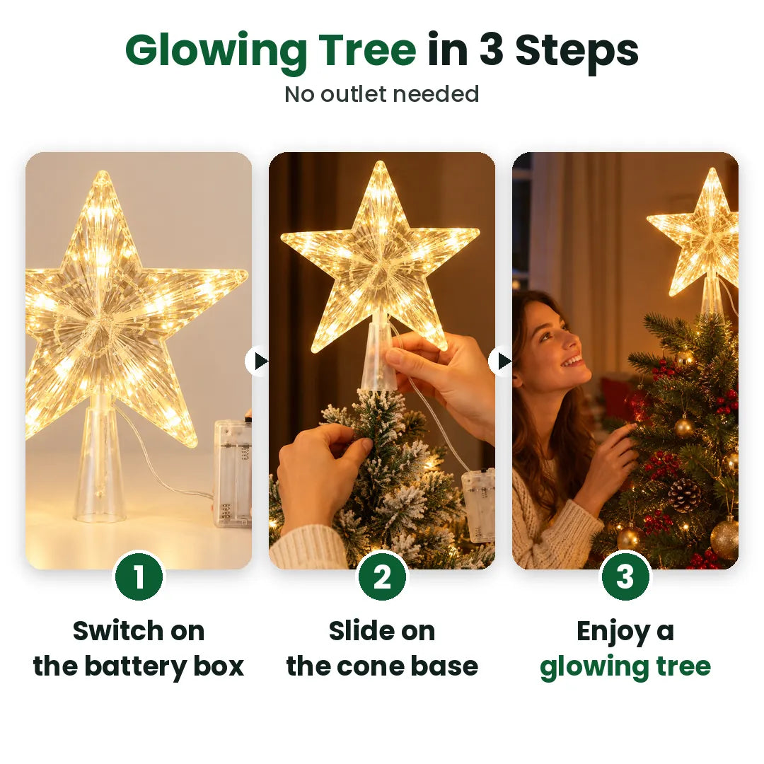 Three steps to set up a LED star tree topper: switch on, slide on, enjoy