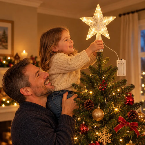 Dad lifting a child to place a star topper on top of the Christmas tree