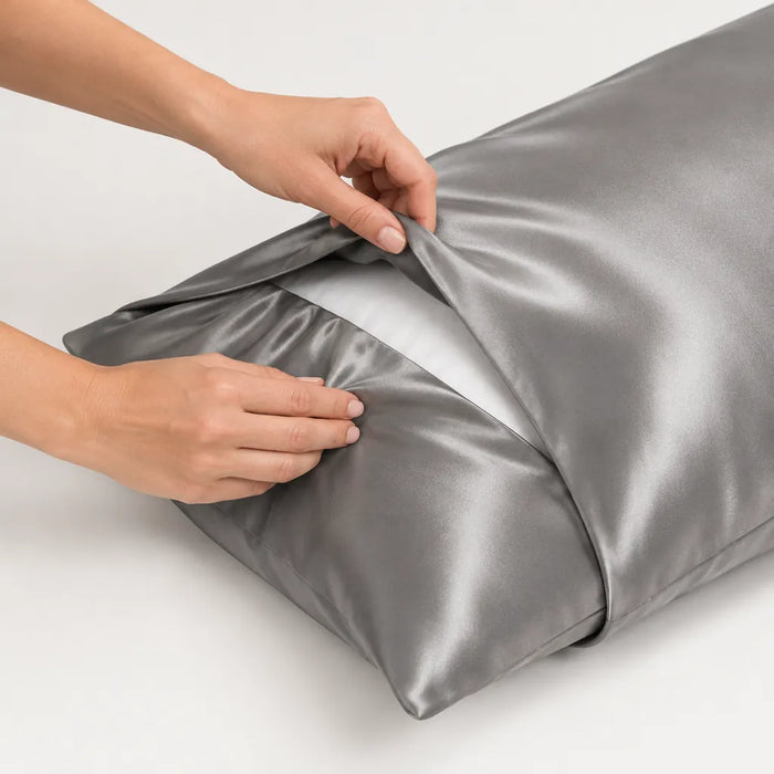 Hands tucking a pillow into a grey satin pillowcase with envelope closure