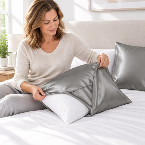 Woman putting a grey satin pillowcase on a pillow in a bright bedroom