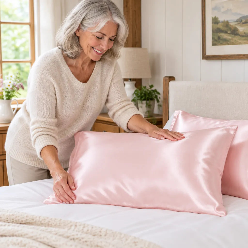 Older woman smoothing a light pink satin pillowcase, a present for mum idea