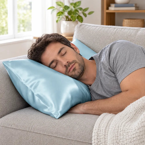 Man resting on a light blue satin pillowcase on a sofa