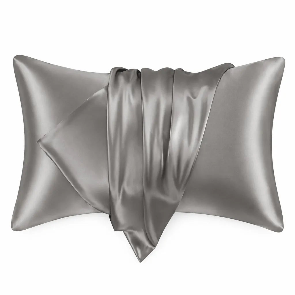 Grey satin pillowcase pair on a white background