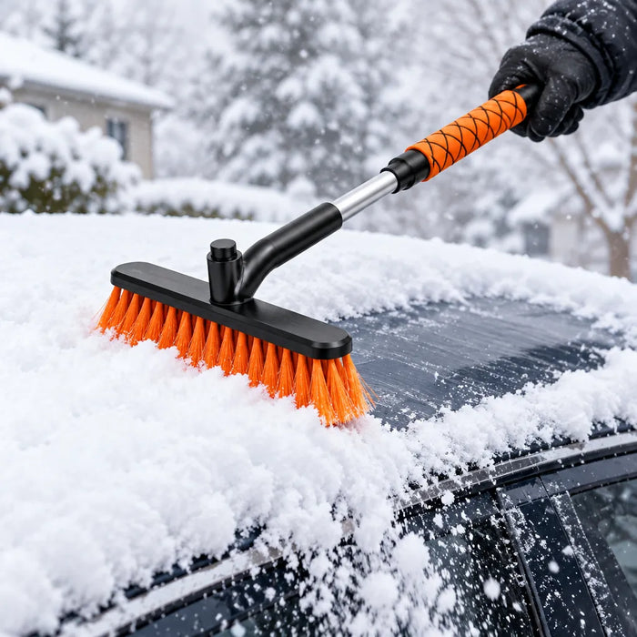 Balai à neige pour auto déneigeant une épaisse couche de neige sur un toit d'auto