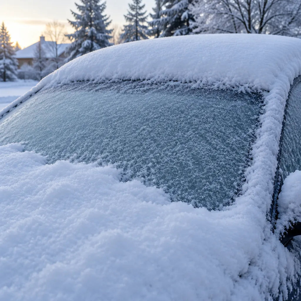 Pare-brise et toit d'auto couverts de neige fraîche et de givre