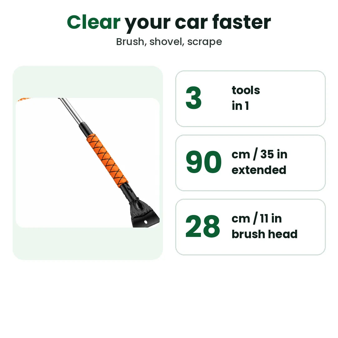Telescoping 3-in-1 car snow brush with 90 cm reach and 28 cm brush head