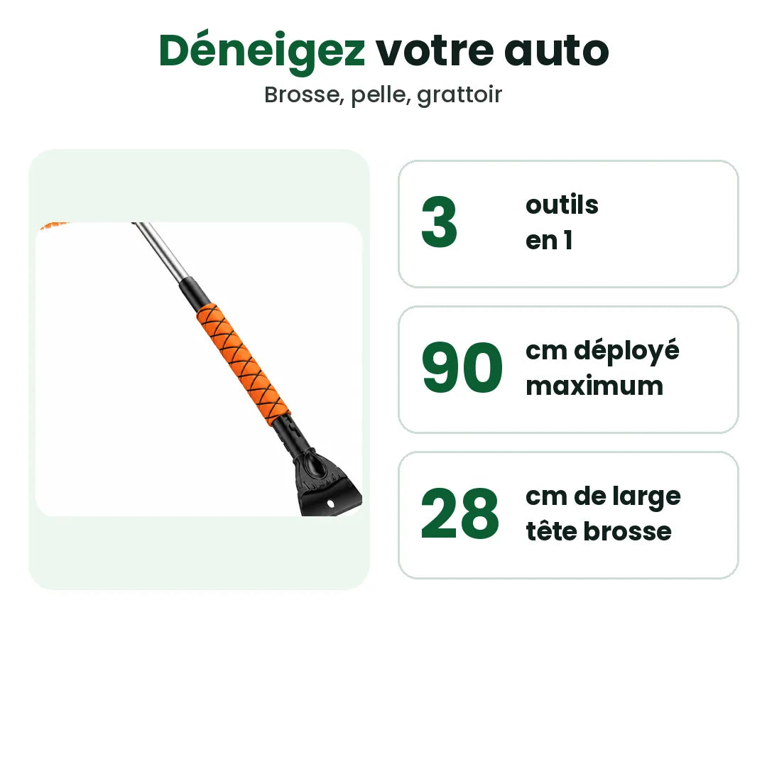 Balai à neige télescopique 3 en 1 pour auto, portée de 90 cm et tête de brosse de 28 cm