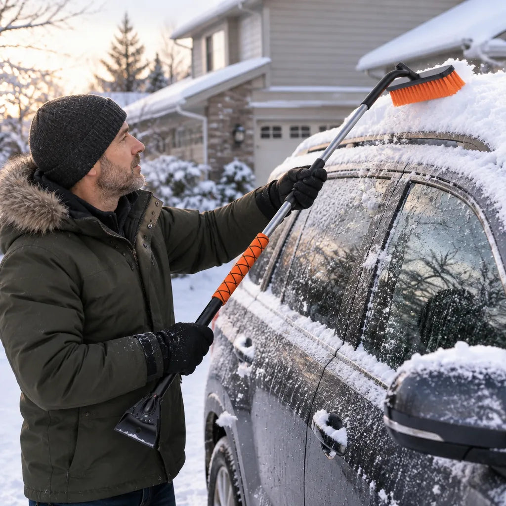 Man brushing snow off an SUV roof with a telescoping car snow brush in a driveway