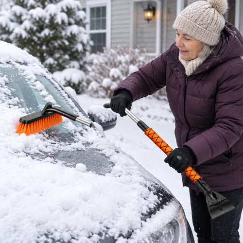 Femme plus âgée balayant la neige du capot d'une auto avec un balai à neige télescopique