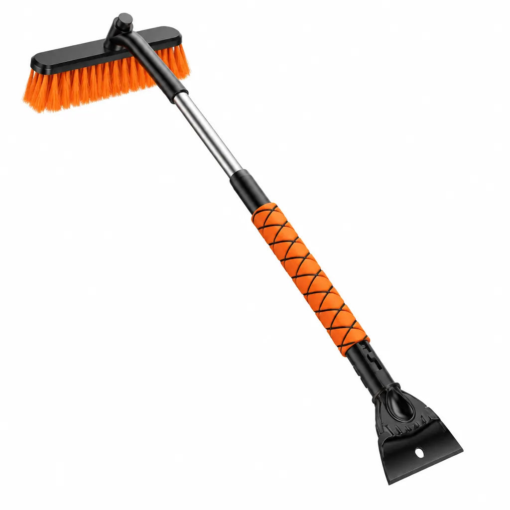 Orange and black telescoping 3-in-1 car snow brush with ice scraper on white