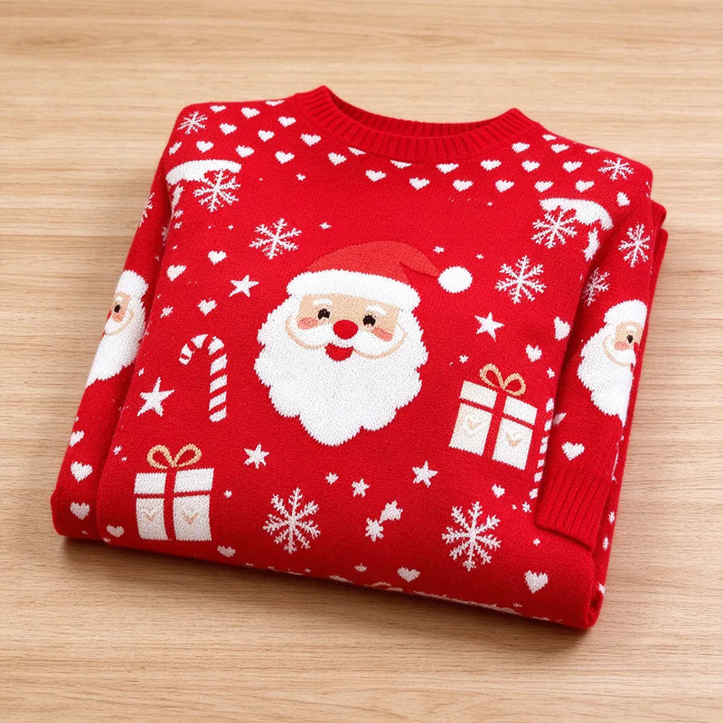 Folded red Christmas jumper with a Santa design