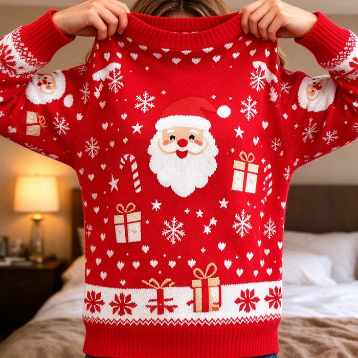 Woman pulling a red knitted Christmas jumper with a Santa face over her head