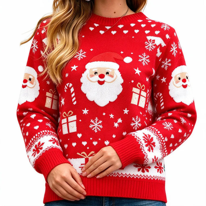 Woman smoothing the ribbed cuffs of a red Santa Christmas jumper for women