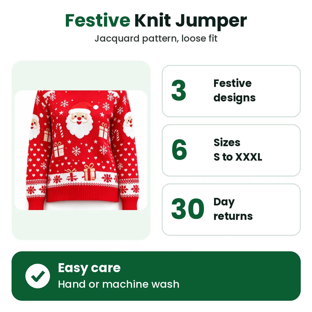 Red Santa knitted Christmas jumper with three designs, six sizes and easy care