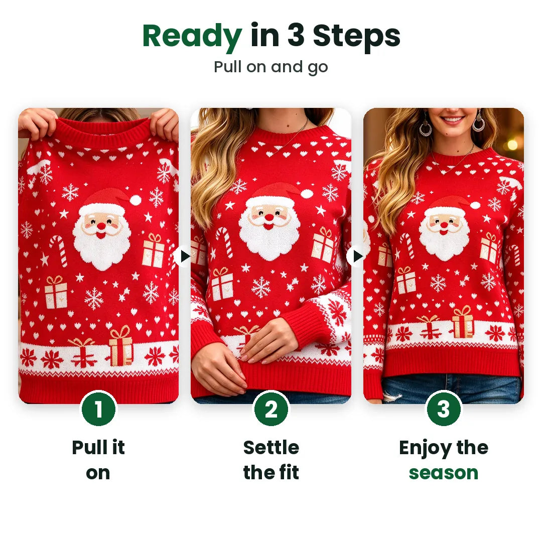 Three steps to wear a women's Christmas jumper: pull on, settle the fit, enjoy