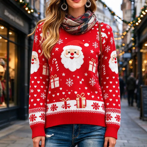 Young woman in a red ladies Christmas jumper and scarf on a festive high street
