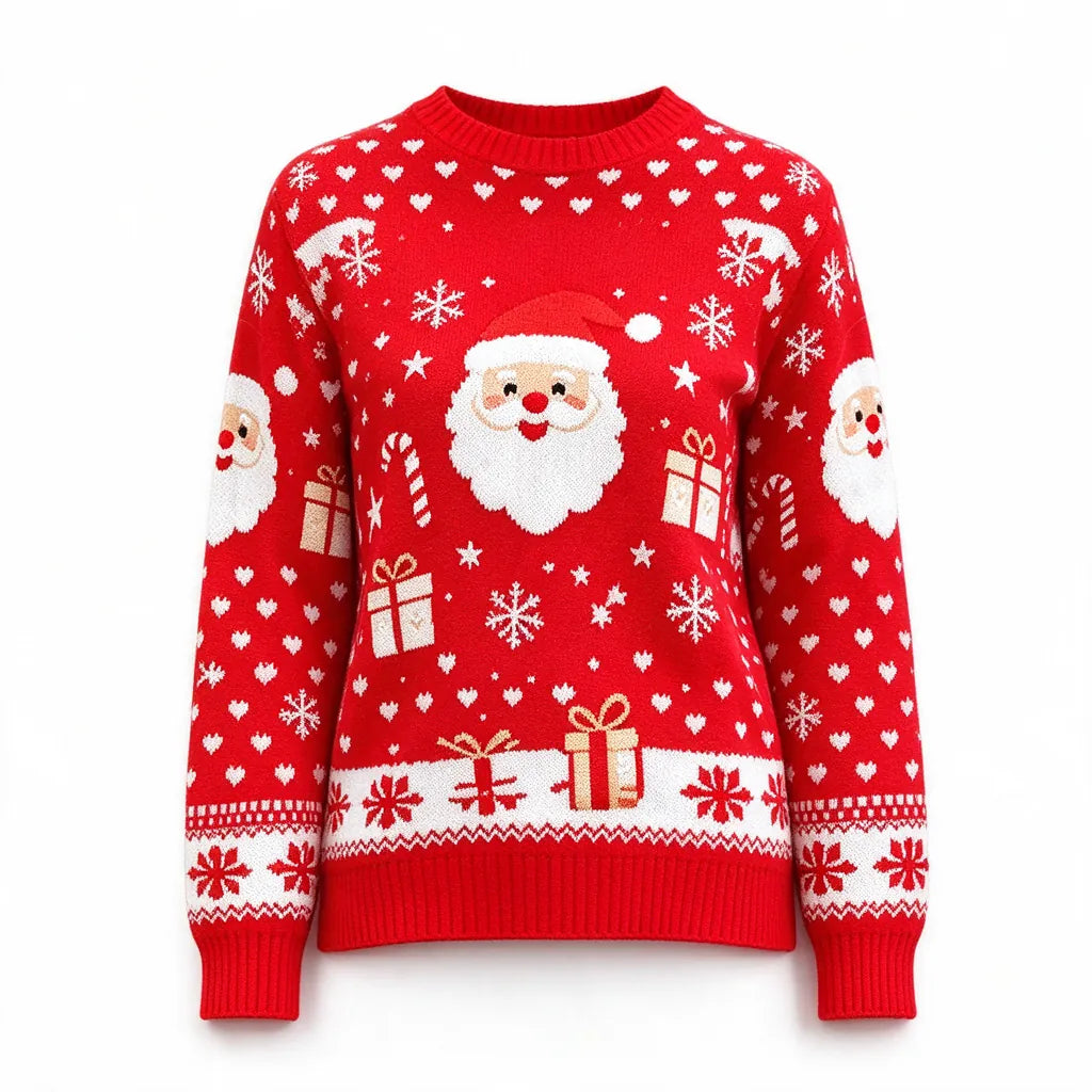 Red knitted women's Christmas jumper with a Santa face and gifts pattern