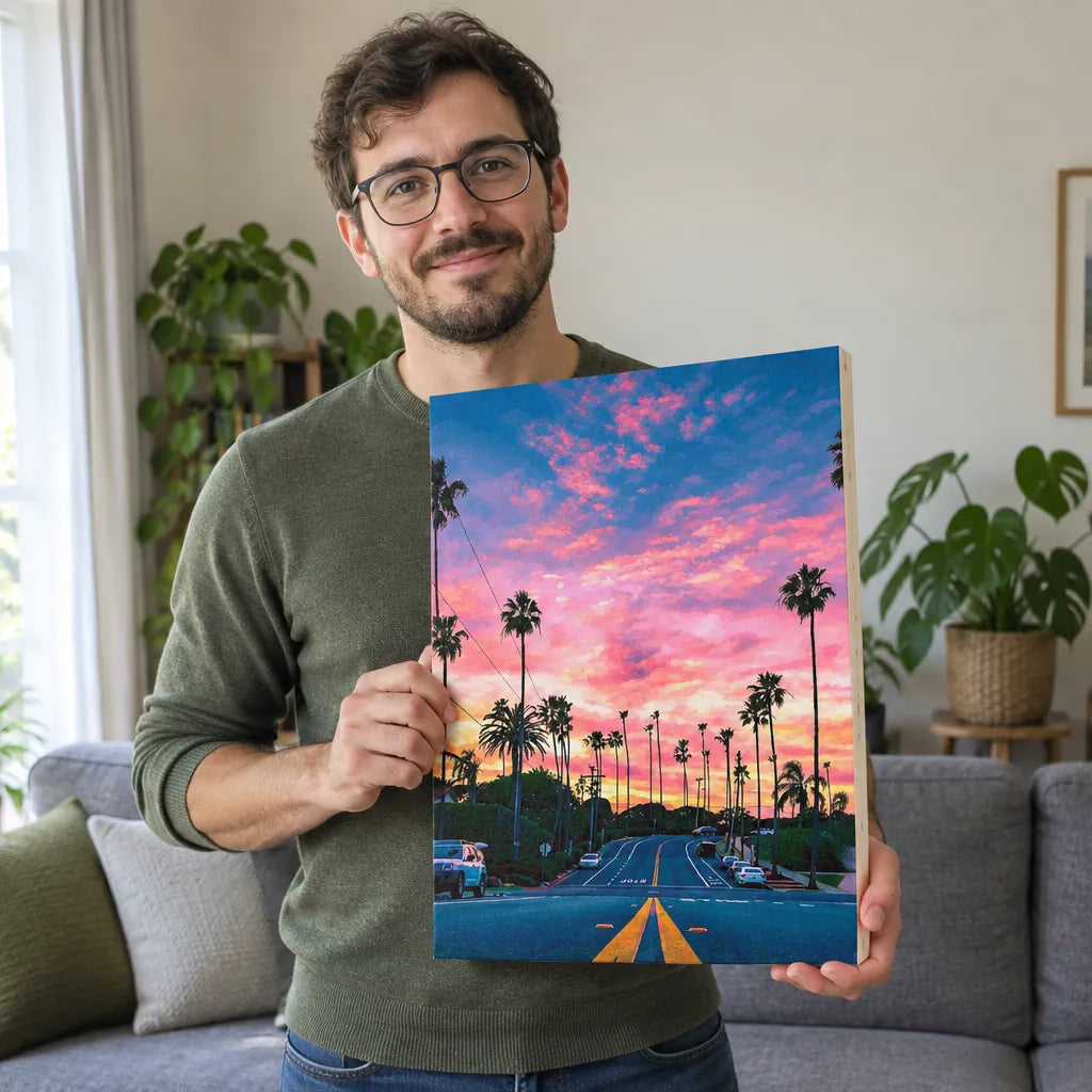 Man holding a finished 16x20 inch paint by numbers painting of palm trees at sunset