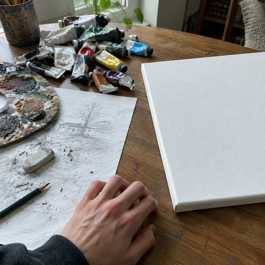 Leere Leinwand neben gebrauchten Farbtuben, einer Palette mit trüben Farben und einer radierten Skizze