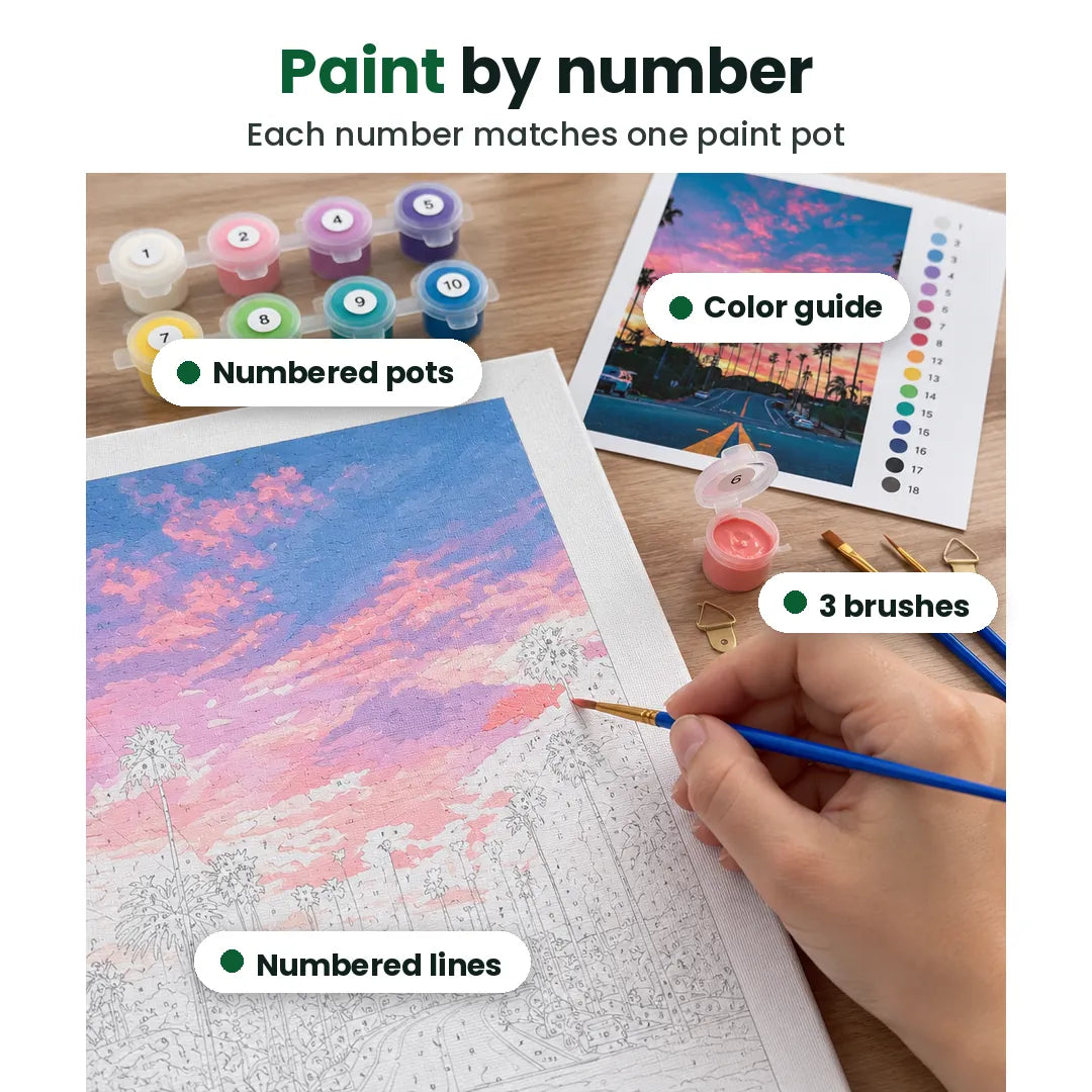 Paint by number canvas with numbered pots, 3 brushes, color guide and numbered lines labeled