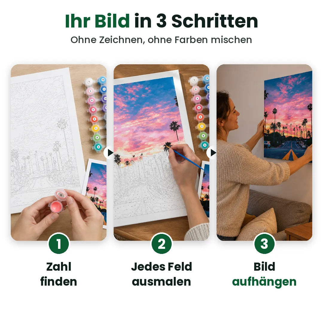 Malen nach Zahlen in drei Schritten: Zahl finden, Felder ausmalen, Bild aufhängen