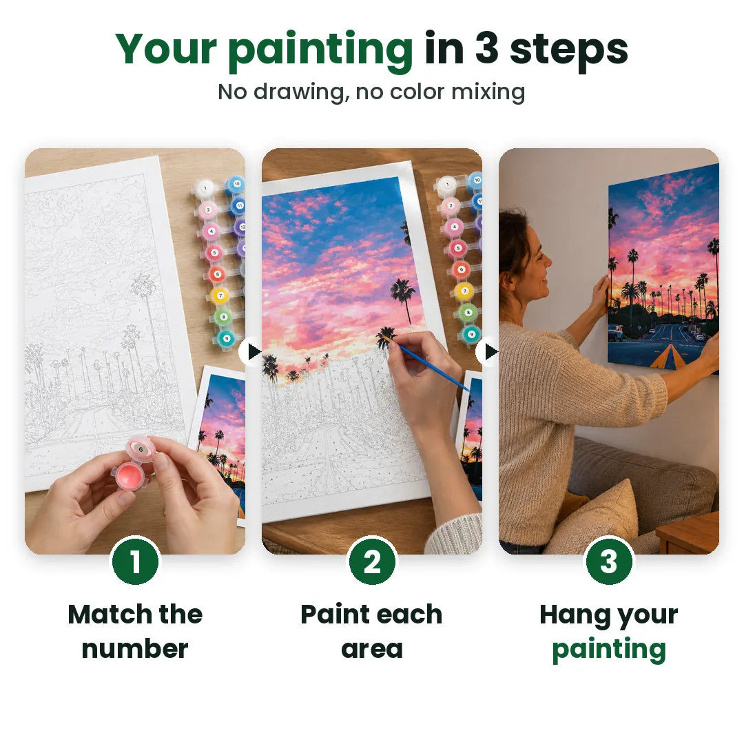Three steps of adult paint by numbers: match the number, paint each area, hang your painting