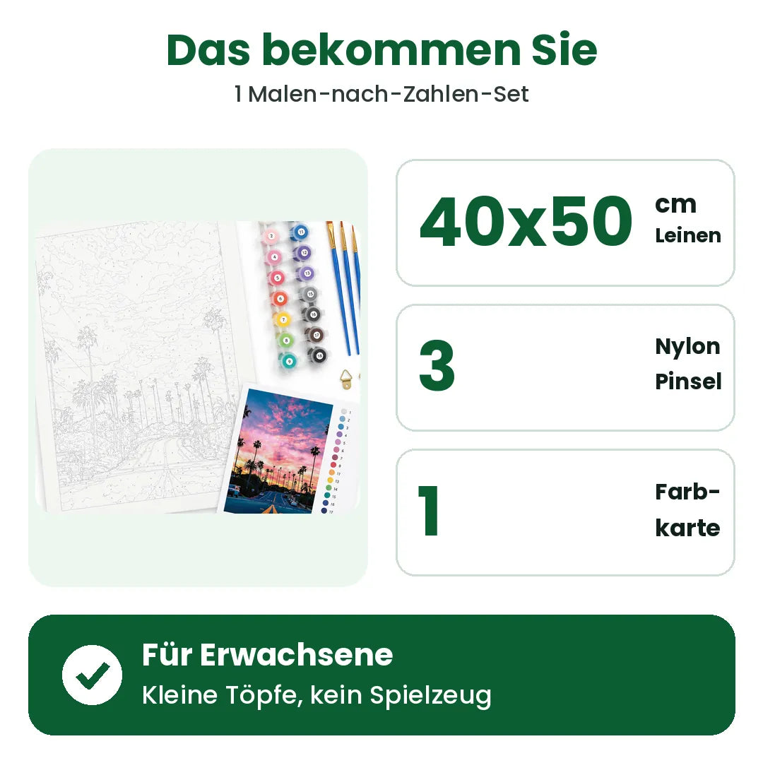 Lieferumfang Malen nach Zahlen: Leinwand 40 x 50 cm, 3 Pinsel und Farbübersicht