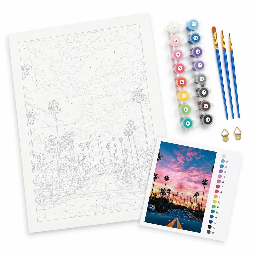 Paint by number kit with numbered canvas, acrylic paint pots, 3 brushes and color guide on white
