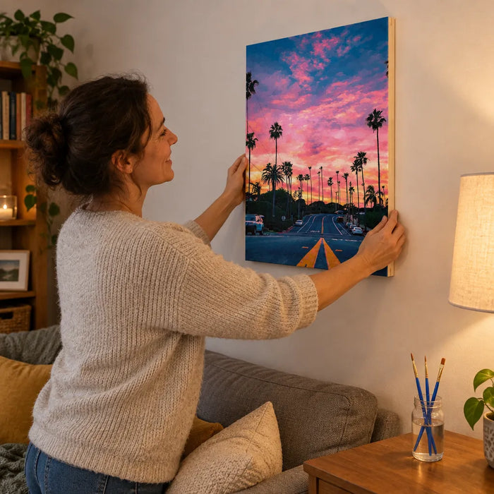 Frau hängt ihr fertiges Bild nach Zahlen mit Palmen im Sonnenuntergang über das Sofa