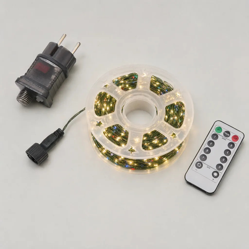 Warm white LED string lights on a reel with power adapter and remote control, what is in the box