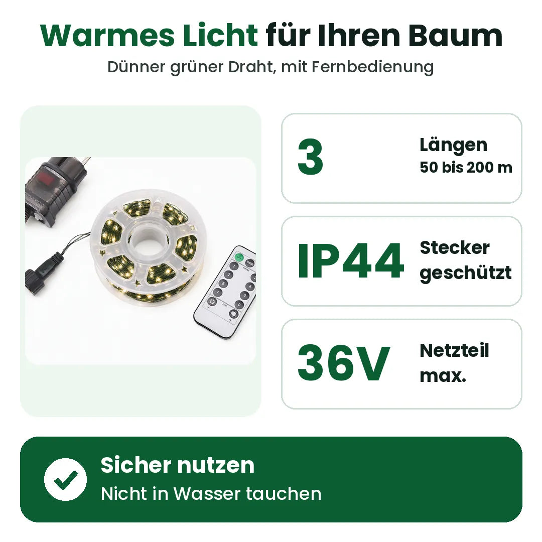 Warmweisse LED-Lichterkette für den Weihnachtsbaum mit Fernbedienung, drei Längen, Stecker IP44