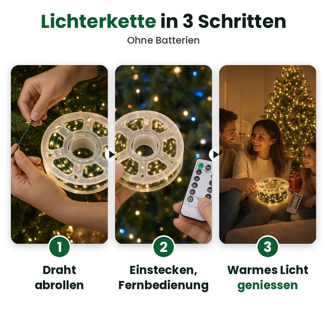 Drei Schritte für die LED-Lichterkette am Weihnachtsbaum: abrollen, einstecken mit Fernbedienung, geniessen