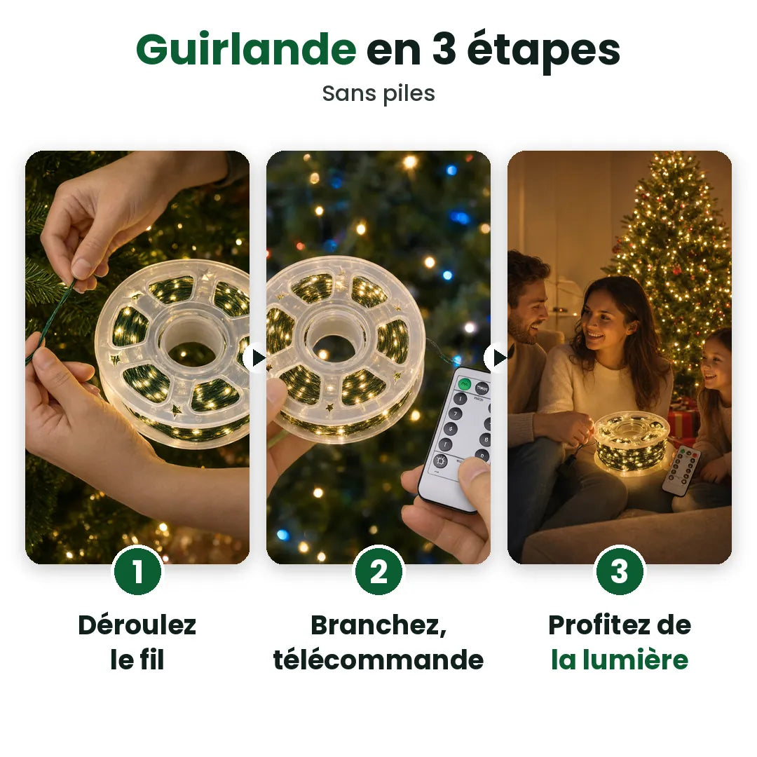 Trois étapes pour installer une guirlande LED sur un sapin : dérouler, brancher avec télécommande, profiter