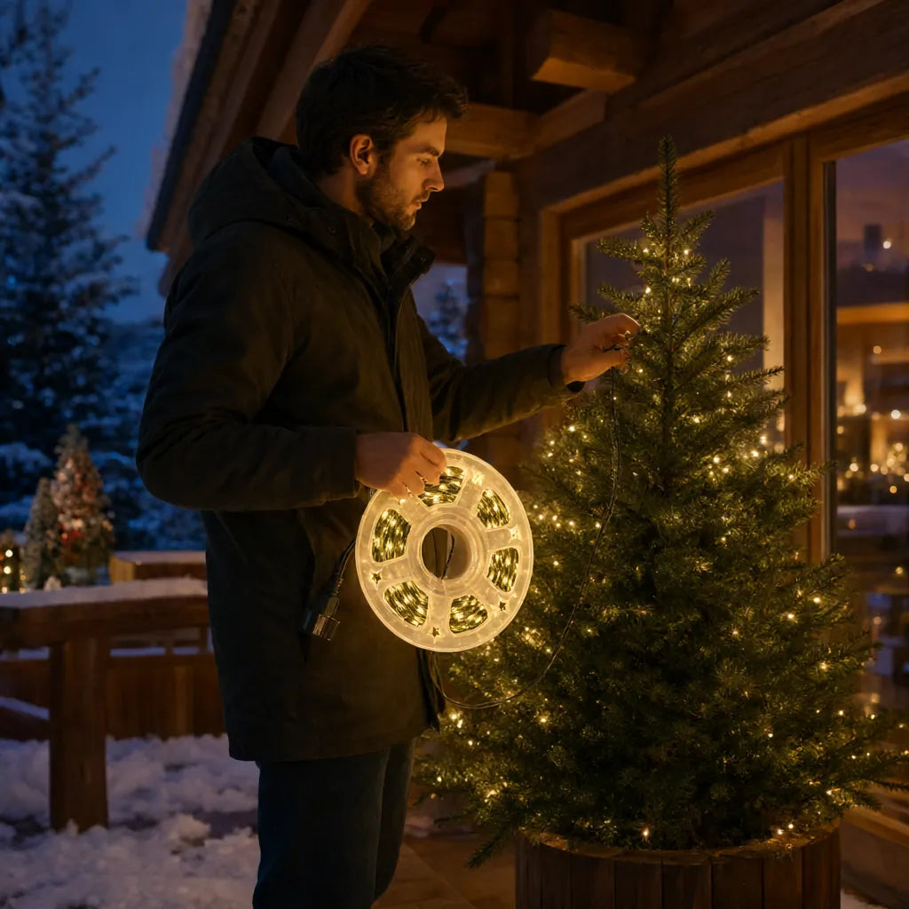 Man wrapping warm white LED string lights around a small fir tree on a snowy chalet terrace
