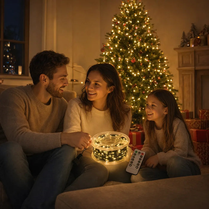 Familie auf dem Sofa lächelt vor einem Weihnachtsbaum mit warmweisser Lichterkette
