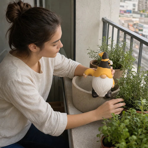 Woman arranging a ceramic garden gnome among herb pots on a balcony