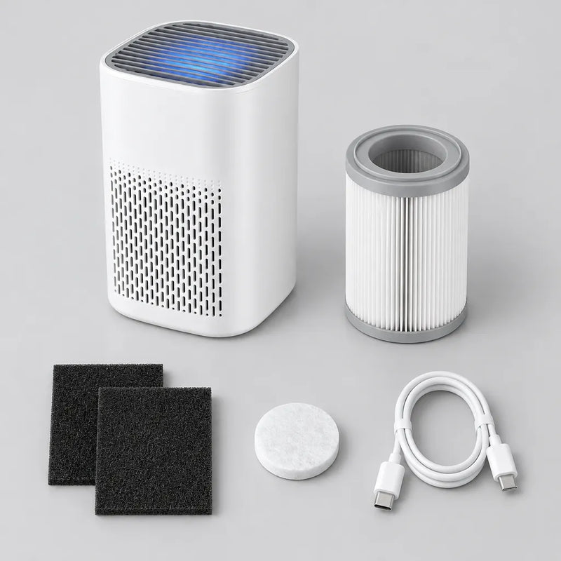 Air purifier, HEPA filter, carbon pads, aroma tablet and USB-C cable