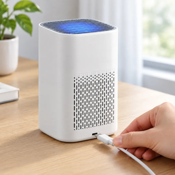 Hand plugging a USB-C cable into a small white HEPA air purifier on a wooden desk