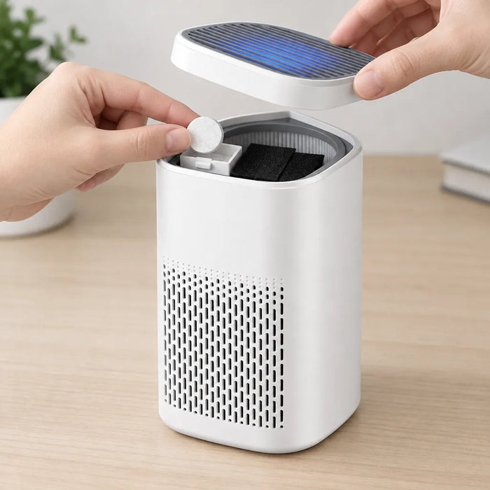 Hands placing an aroma tablet in the open top of a small HEPA air purifier for home