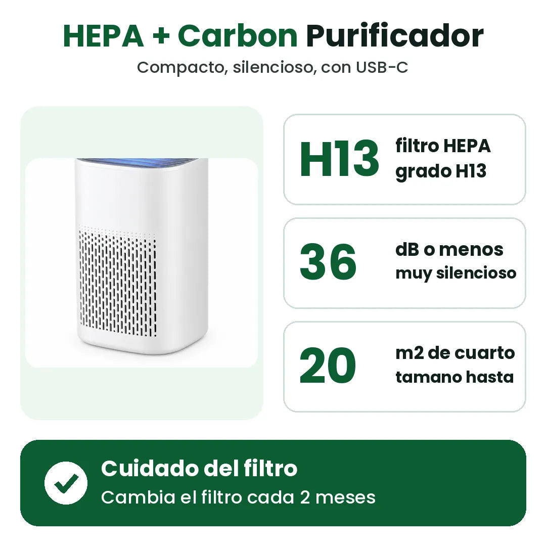 Purificador de aire HEPA para casa con filtro H13, funcionamiento silencioso y tamaño de cuarto