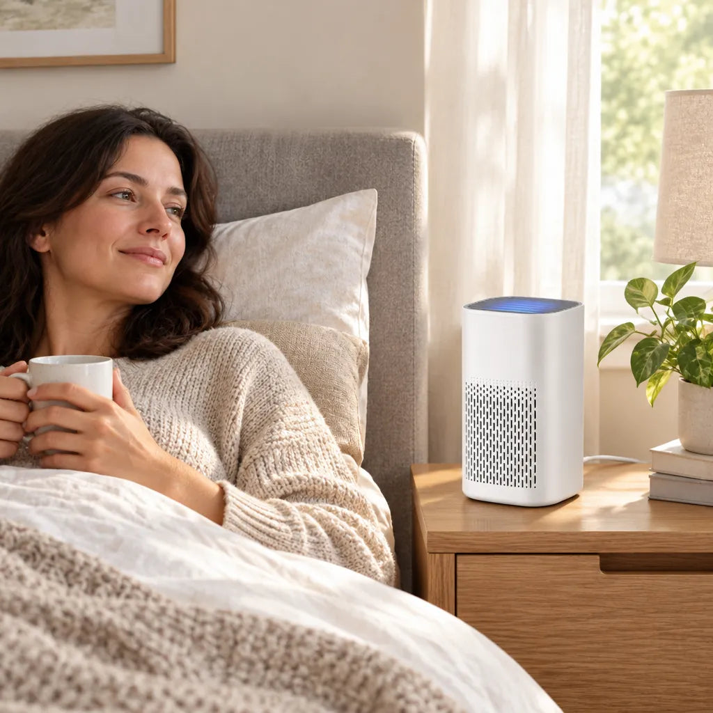 Woman relaxing in bed with a mug next to a small HEPA air purifier for the bedroom on the nightstand