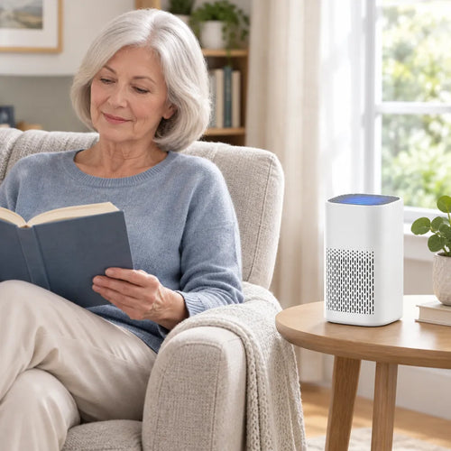 Older woman reading in an armchair with a small HEPA air purifier for home on the side table