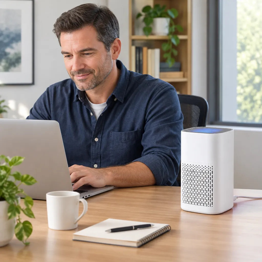 Man working on a laptop at a desk with a desktop air purifier with HEPA filter beside him