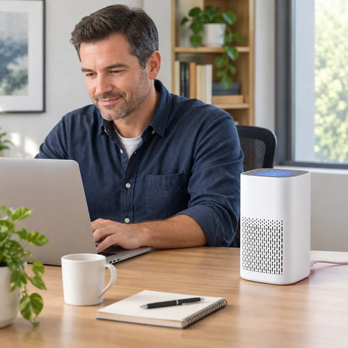 Man working on a laptop at a desk with a desktop air purifier with HEPA filter beside him