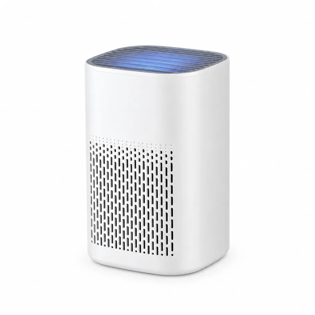 White compact HEPA air purifier with slotted sides